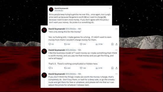 Iron Lung Steam price increase: an image of some David Szymanski tweets on a red ocean background