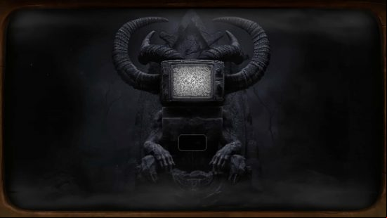Pony Island 2 Panda Circus release date estimate: An ancient arcade machine is framed by a bestial satanic figure, as its screen depicts CRT snow.