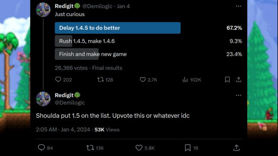 Terraria 1.4.5 poll - Andrew 'Redigit' Spinks says, "Just curious," asking players if they'd rather a delayed but larger update, more frequent updates, or a new game.
