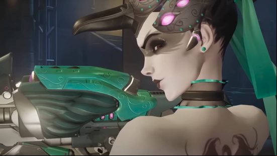 A pretty woman wearing a black helmet with purple inlays looks into the camera and smirks while steading an ornate green sniper rifle