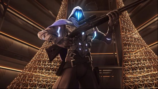 A shadowy creature wearing a purple hood with three red slits for eyes holds a huge sniper rifle in his hands on an ornate golden background