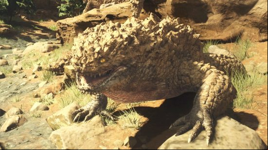A toad, lizard like DD2 monster, the Rattler, looks like a rock thanks to its jagged back.