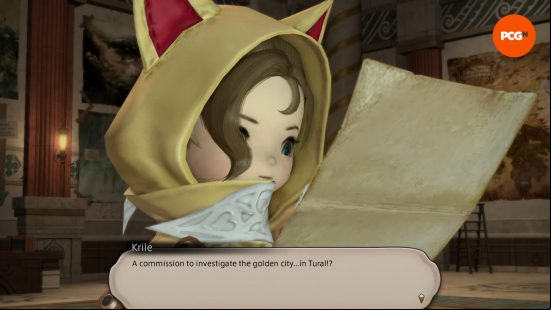 FF14 Dawntrail interview - Krile, a Lalafell wearing a yellow hoody with animal ears. She reads a message, which she describes as "A commission to investigate the golden city... in Tural