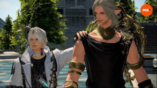 FF14 Dawntrail interview - A shorter, white-haired man (Thancred) puts a hand on the shoulder of a taller, silver-haired man (Urianger).