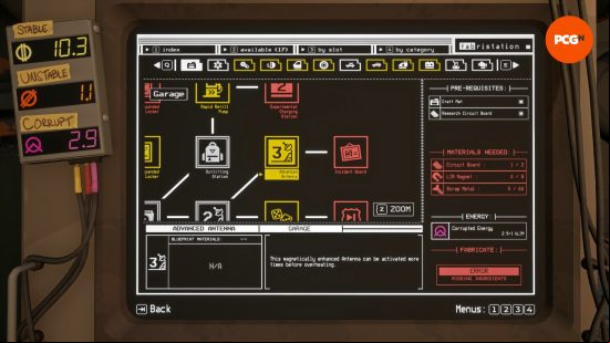 The Fabrication Station displaying the upgrades available by spending Pacific Drive Unstable Energy and Corrupt Energy.