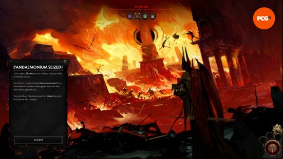 A Solium Infernum splash screen showing that Pandaemonium has been seized by the player's Legion, The Beast.