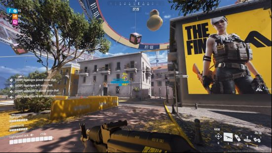 The player runs through a battle arena featuring a billboard of a The Finals contender.