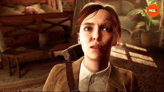 Alone in the Dark review: A close up of Jodie Comer's character looking upwards.