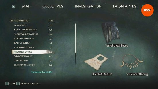 The complete Prisoner of Ice Alone in the Dark Lagniappe set, including a Sallow Offering, Do Not Disturb sign, and a Tessellated Shard.