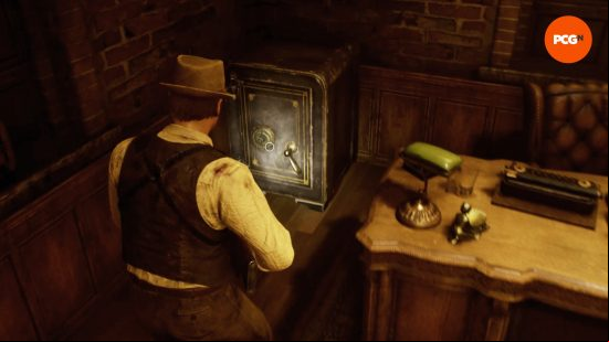 Edward Carnby approaches the safe in the Pregzt Shipping Company office in Alone in the Dark.