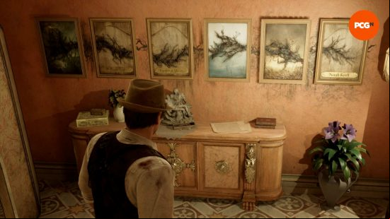Edward Carnby looks at six paintings on a wall, part of one of the Alone in the Dark combination lock puzzles.