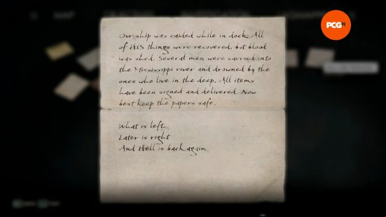 A note reads "What is left, Later is right, and Hell is back again", which is a hint to the solution for the Alone in the Dark Pregzt safe combination.