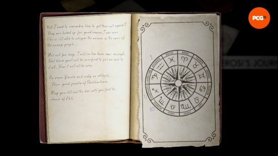 A journal featuring a wheel with all zodiac signs, each associated with a number, part of the Alone in the Dark combination lock puzzles.