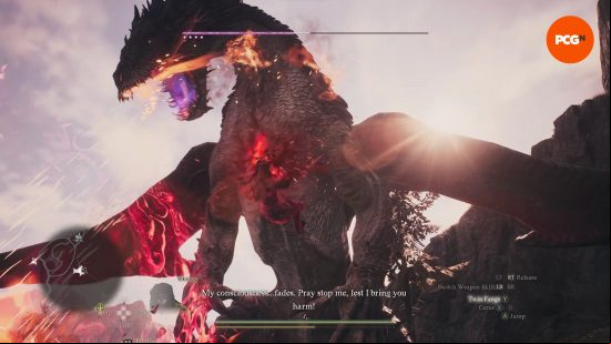 How long is Dragon's Dogma 2: a man holds onto the belly of a dragon as it blows fire.