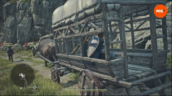 Dragon's Dogma 2 review: the Arisen riding in an oxcart.