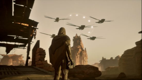 Dune Awakening preview: a cloaked traveler looks on at several dragonfly-like crafts.