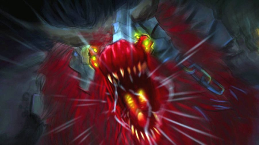 Awaken - Astral Blade: A red dragon-like monster roars into the camera