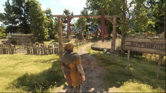 Bellwright early access review: the entrance to a small medieval town.