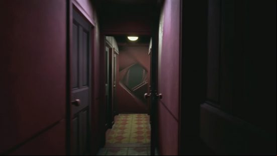 Karma: The Dark World preview: A long corridor of doors turns kaleidoscopically before the player as they approach, blocking their progression during a terrifying chase sequence.
