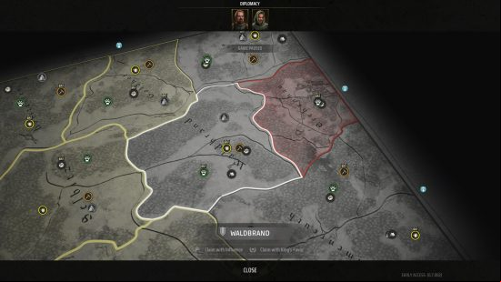Manor Lords claim new areas: a map view of a region of land, with different areas marks off by borders.