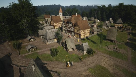 ml-view-1 Manor Lords pop: an overhead view of a quaint town surrounded by trees.