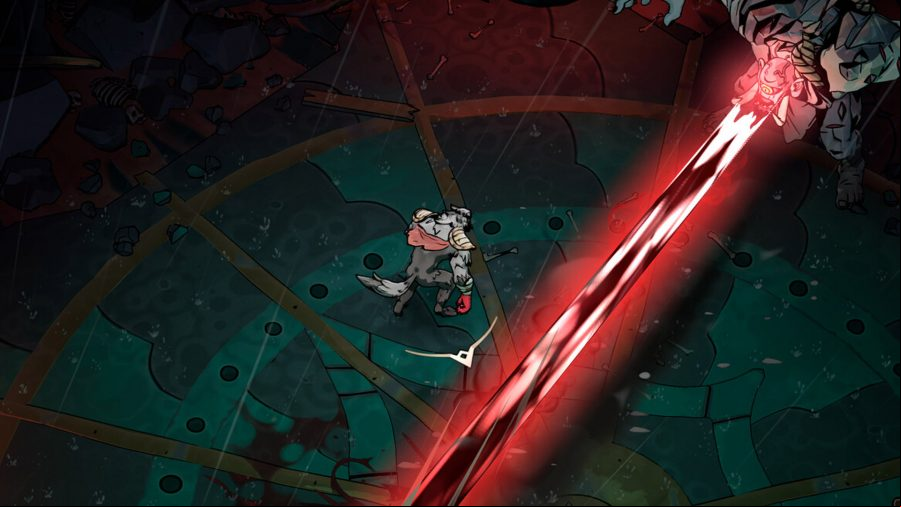 A screenshot from Ravenswatch where a giant cyclops blasts the player with a red laser.