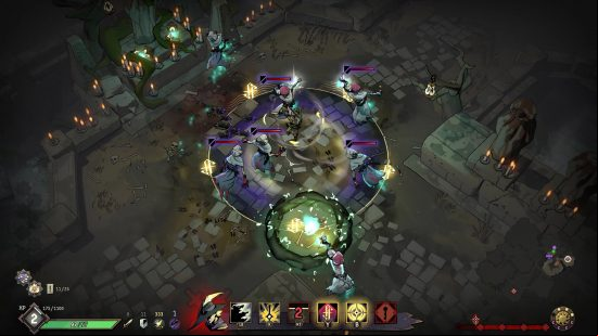 A screenshot from Ravenswatch showing a group of enemies in a circle being affected by the Pied Piper who is tootling away in the center.