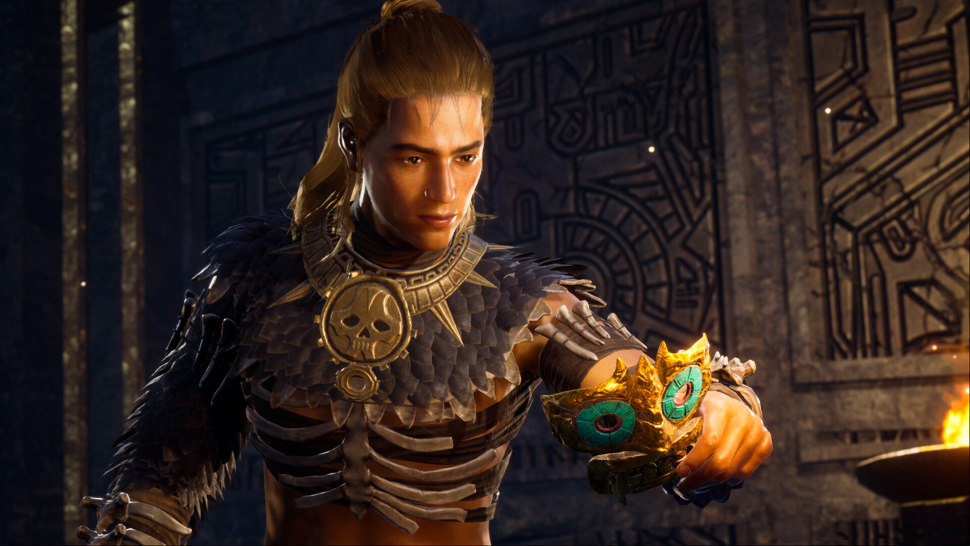 Soulmask Steam survival game: A young warrior collecting a treaure in Steam survival game Soulmask