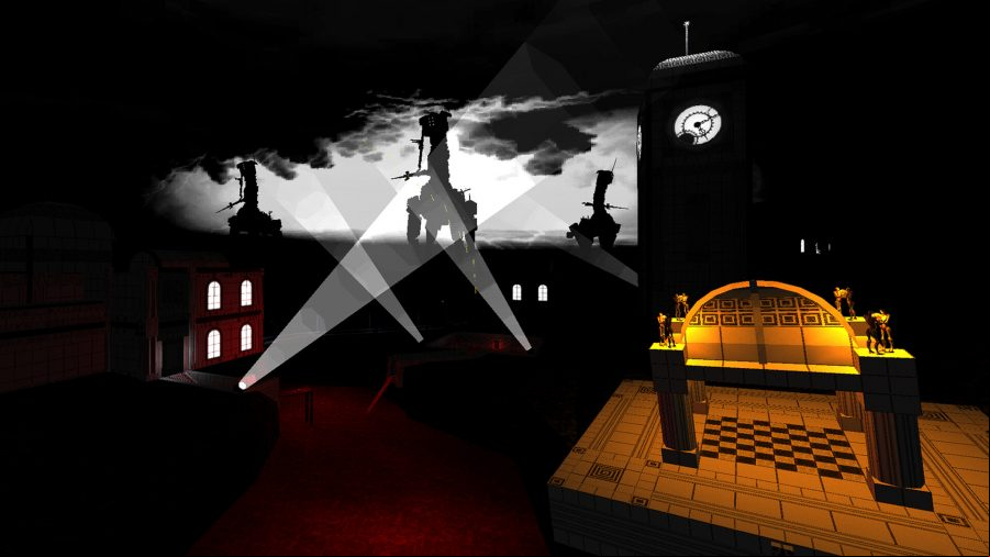 A scene from Ultrakill where spotlights illuminate an army of colossal robots looming over a city.