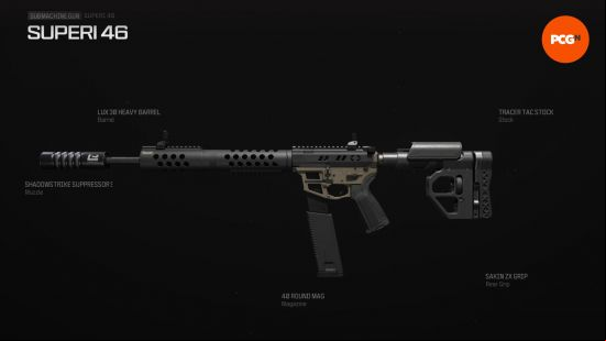superi-46-loadout-attachments Best Superi loadout: a futuristic looking gun, with a long barrel and large magazine.