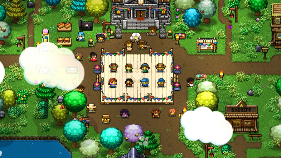 A group of villagers  forces for a line dance.