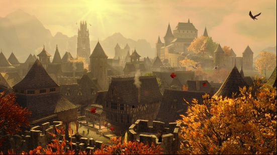 Skingrad from ESO Gold Road stands in an autumnal scene, with narrow streets and thin roofs jostling for space.