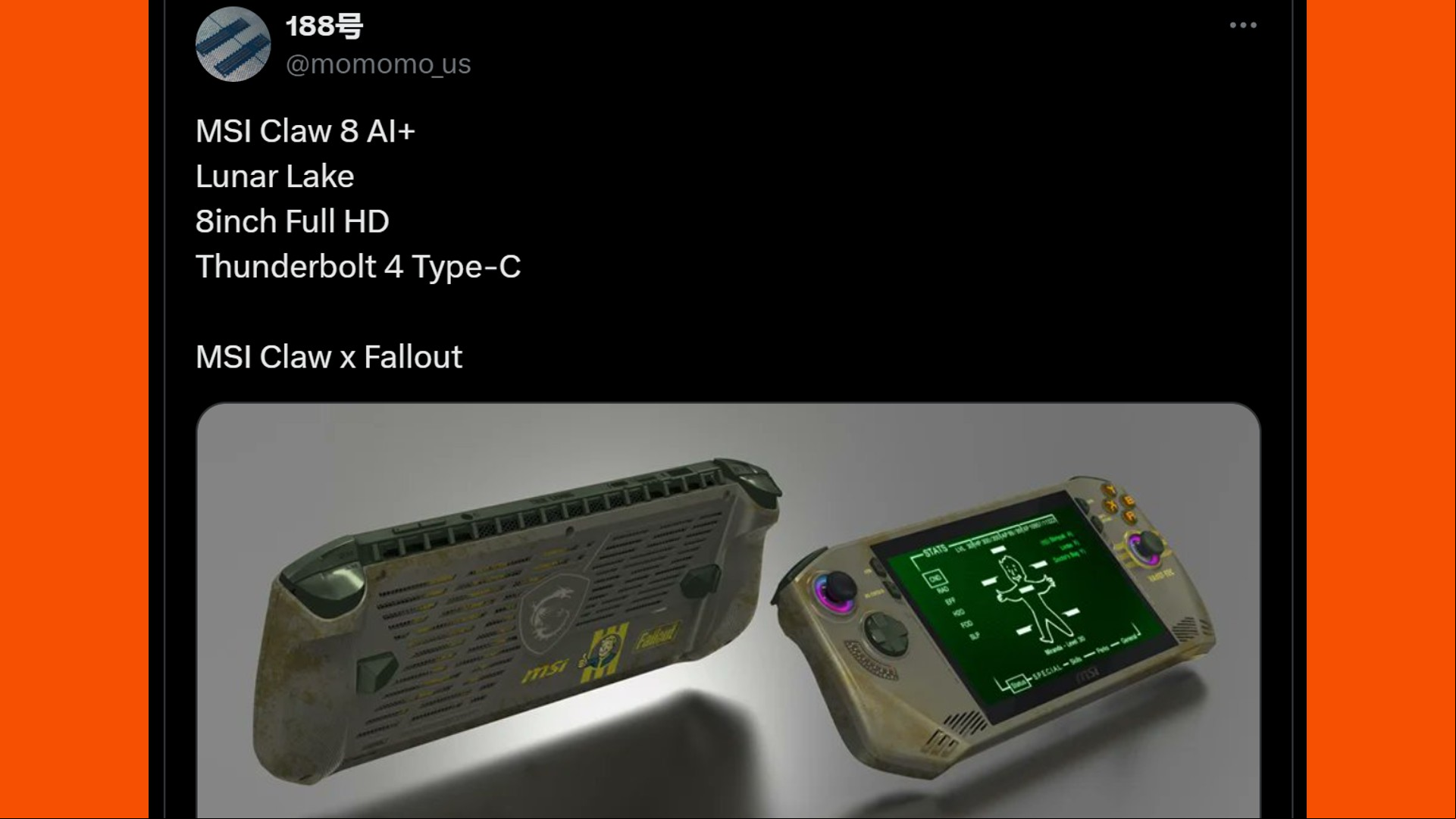 X post showcasing the Fallout MSI Claw and detail of the MSI Claw 8 AI+
