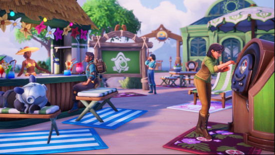 Palia Summer Serenade patch - Several people sit around on summery striped furniture and use the new lo-fi jukeboxes.