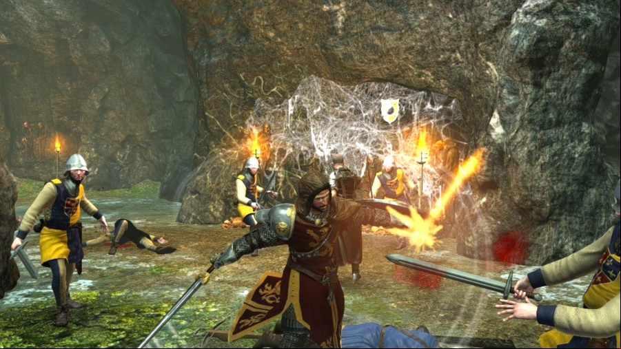 a man slashes his sword at enemy soldiers