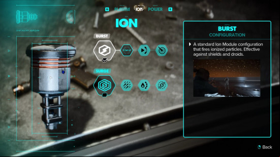 Outlaws blaster upgrades: a menu screen showing various ion blaster upgrades.