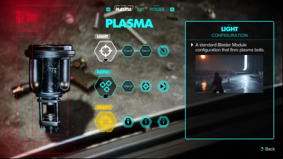 Outlaws blaster upgrades: a menu screen showing various blaster upgrades.