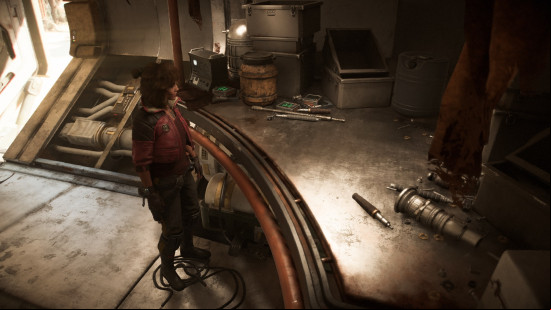 Outlaws blaster upgrades: a woman stands at a workbench.