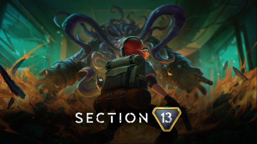 Section 13: Key art for the game shows a feminine soldier with her back to the camera as they stand off against a large monster.