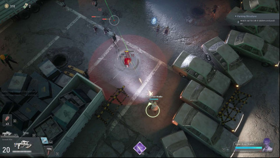 Section 13 Blackout Protocol new direction: A screenshot of Section 13 gameplay, showing the character firing at enemies in a parking lot from a top-down perspective.