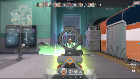 Spectre Divide preview: A first-person screenshot of someone aiming down a weapon optic as a pool of green energy appears in front of them