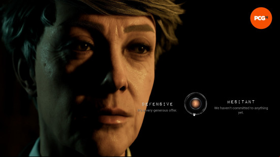 The Casting of Frank Stone: A middle aged lady with short grey hair looks off pensively as two decisions are placed in front of her - defensive or hesitant.