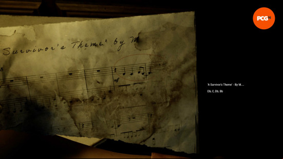 A piece of music shows 'A Survivor's Theme', one of the Dead by Daylight easter eggs in The Casting of Frank Stone.