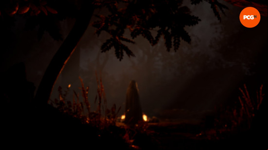 A cloaked figure stands in front of a campfire in the woods, one of the The Casting of Frank Stone DBD easter eggs.