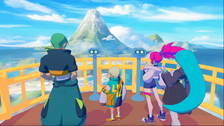 Starlight Re:Volver: A group of anime characters stand on a balcony overlooking a gorgeous Asian-inspired mountain range.