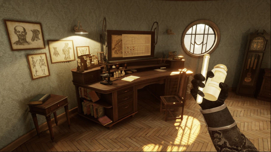 A circular office filled with wooden furniture.
