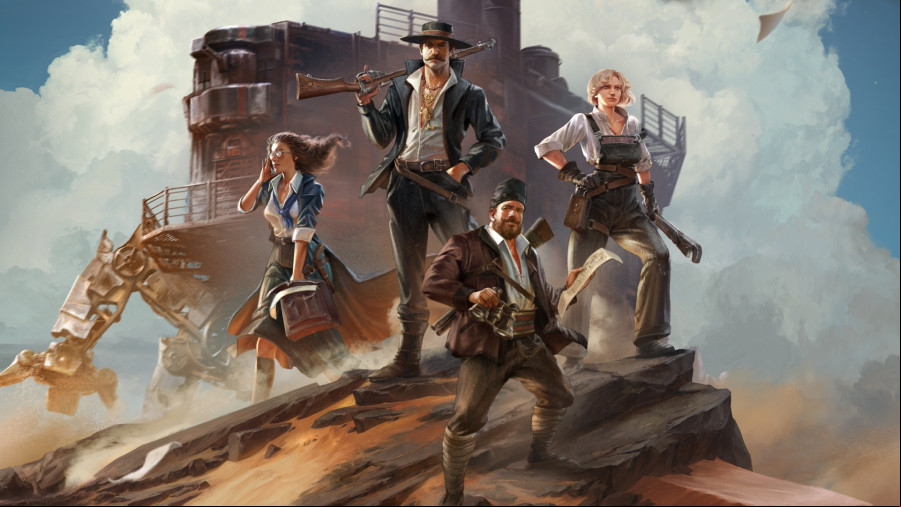 Sand: A group of people in early 1900s clothing standing on a sandy rock holding weapons with a huge mech behind them