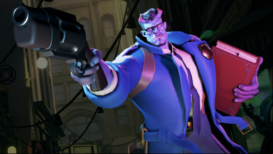 New Deadlock tool uncovers meta builds based on real player stats: A blue-skinned demon man wearing a police jacket raises a gun towards the camera