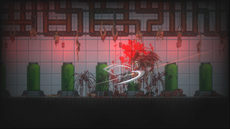 Katanaut, a side-on view of a sword-wielding cyborg taking on a huge, bloody monster.