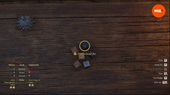 All KCD2 dice: a close up on a wooden board, there are six dice in view.
